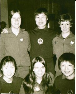 A 23-year old Connie Sweeris (above, right) and her fellow teammates Olga Soltesez (above, left) and Judy Hoarfrost (below, center) pose with members of the Chinese table tennis team in April, 1971.Courtesy of Connie Sweeris.  (From Smithsonianmag.com)